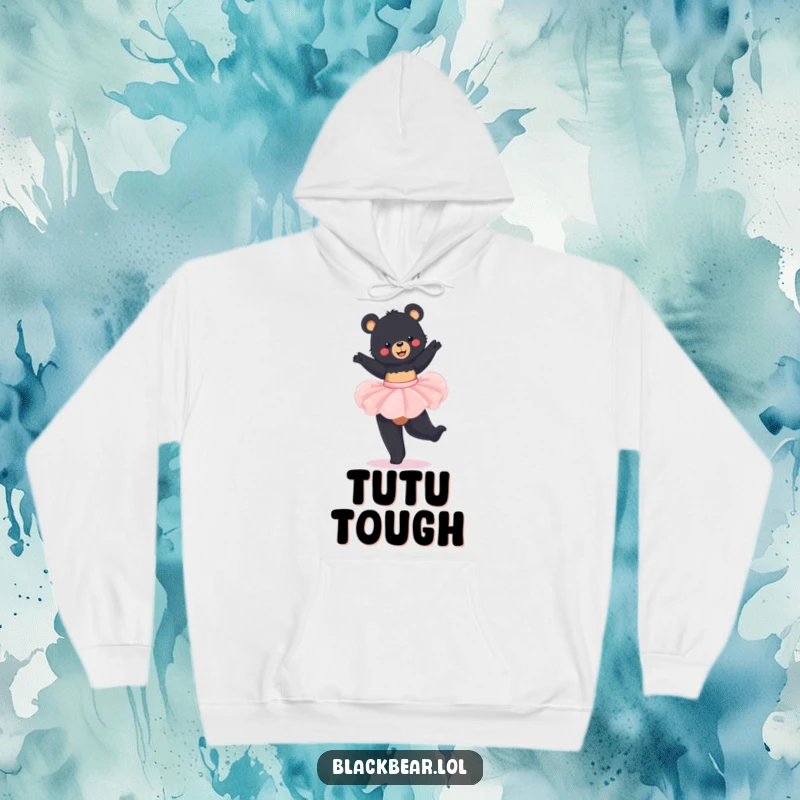 Funny Hoodie: Adorable black bear in a tutu, joyfully twirling, printed on a soft, comfortable hoodie.
