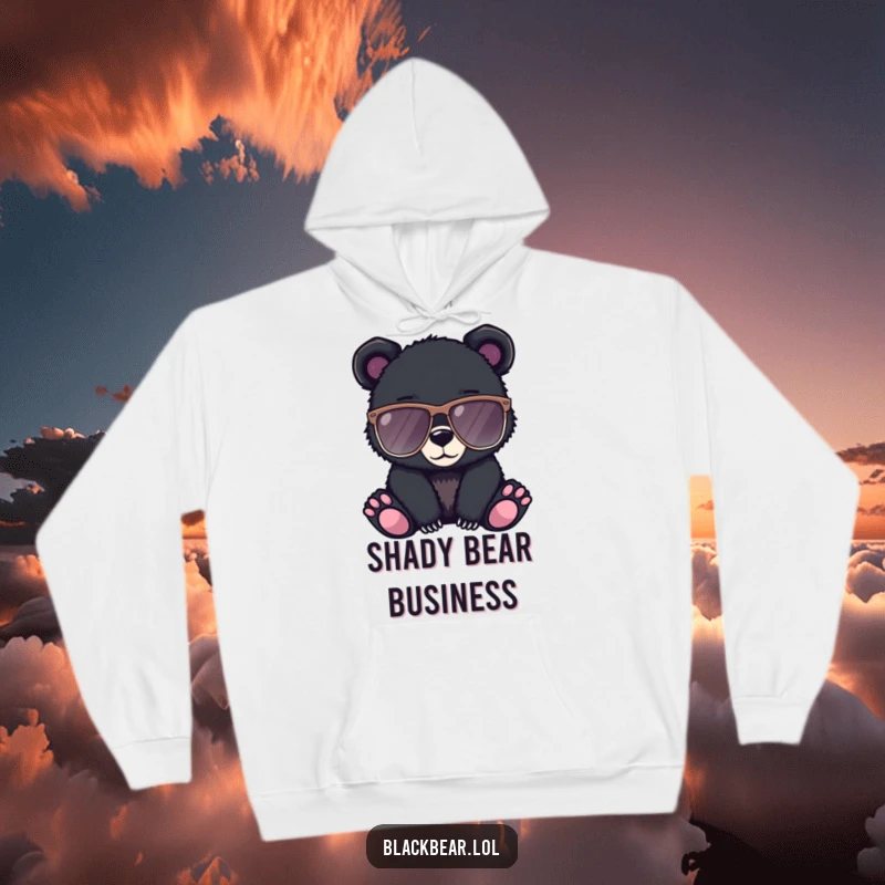 Funny hoodie featuring a black bear cub wearing large, fashionable sunglasses, embodying ultimate coolness.
