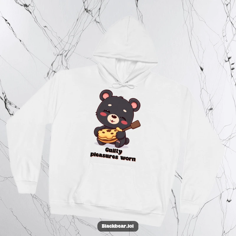 Funny Hoodie featuring a black bear cub winking mischievously while clutching a stolen pie, evoking playful crime.