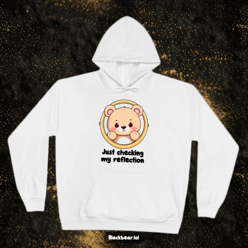 Funny bear peeking from behind a large mirror, depicted on a cozy hoodie, offering warmth and a humorous surprise.