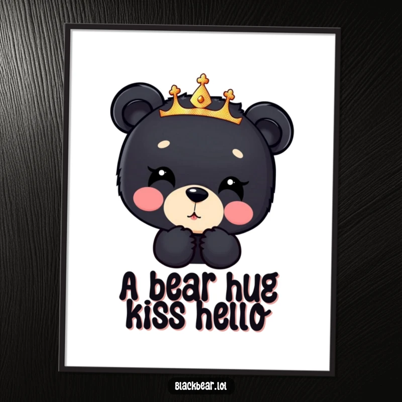Funny Free Printable Wall Art: Black bear cub in sparkly crown blowing a kiss downwards, sweet decor.