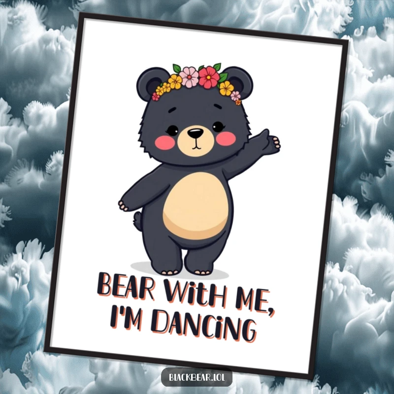 Funny Free Printable Wall Art: A black bear wearing a flower crown dances with clumsy grace, adding charm and humor.