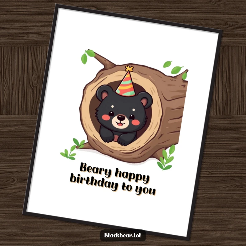 Cute Free Printable Wall Art: A happy black bear cub peeking out from a hollow log, wearing a party hat, woodland fun.
