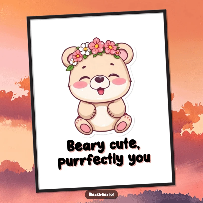 Funny Free Printable Wall Art: Adorable bear cub giggling heartily, wearing a slightly crooked flower crown.
