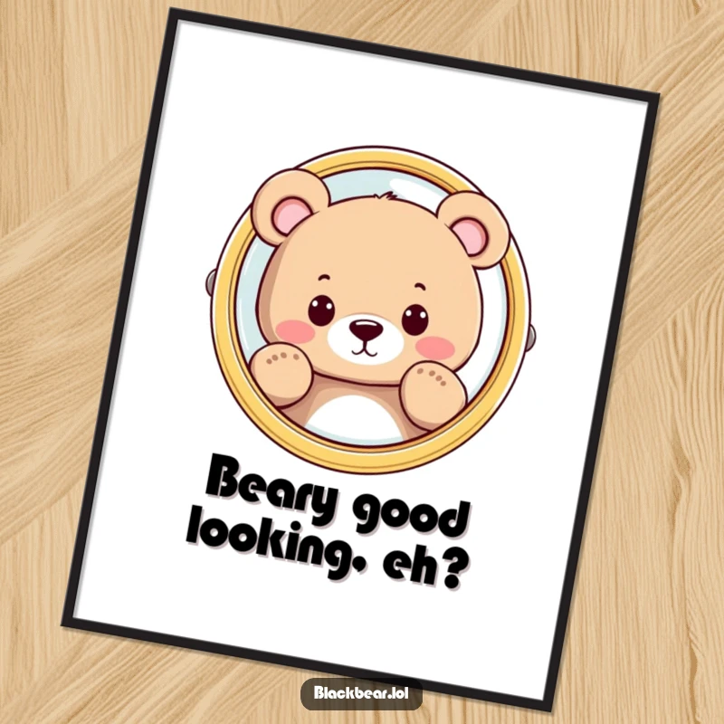 Funny Free Printable Wall Art: Bear character humorously peeking from behind a large, gleaming mirror.