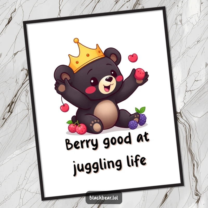 Funny Free Printable Wall Art: A charming black bear cub wearing a crown playfully juggles berries, adding whimsical fun to your walls.