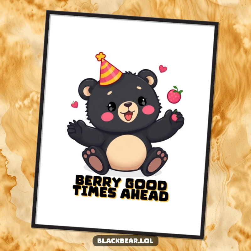 Funny Free Printable Wall Art: playful black bear cub in a party hat juggles colorful berries.