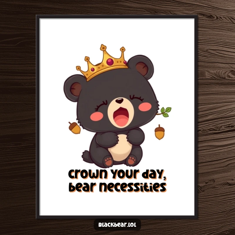 Funny free printable wall art of a sleepy black bear cub wearing an acorn crown and yawning with adorable charm.
