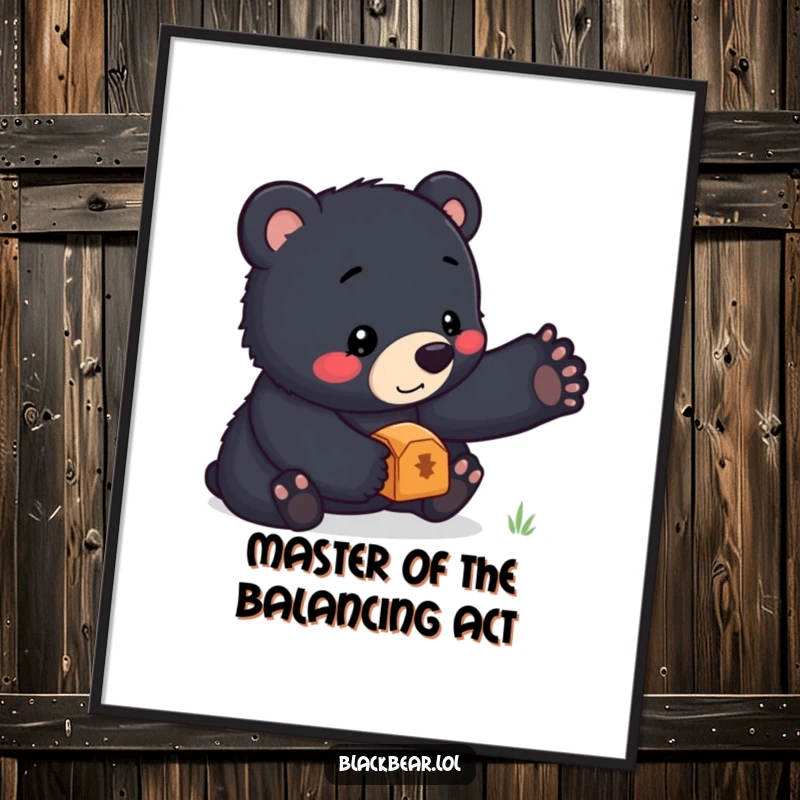 Cute free printable wall art of a black bear cub with intense focus balancing a bright treasure on its button nose.