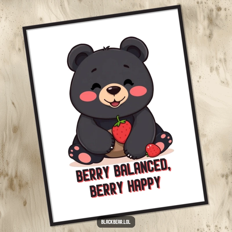 Funny Free Printable Wall Art: A black bear with a smile attempts to balance a single berry on its nose.