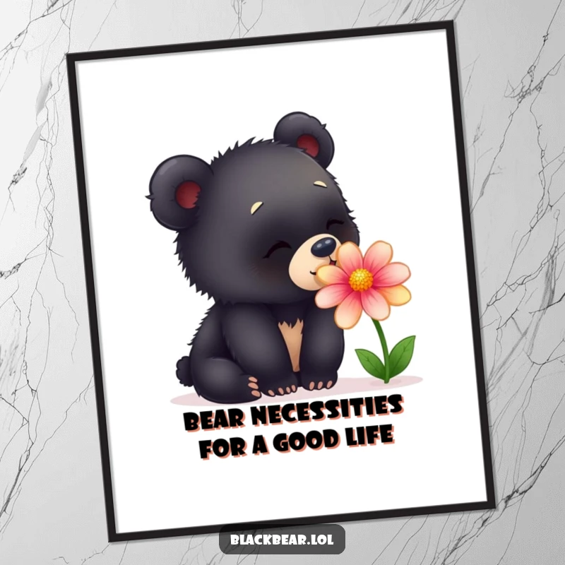 Funny Free Printable Wall Art: A curious young black bear cub with wide eyes sniffing a bright, colorful flower with pure joy.