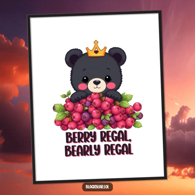 Funny Free Printable Wall Art: Cute black bear with a tiny crown peeking over a berry bush, exuding playful royalty.