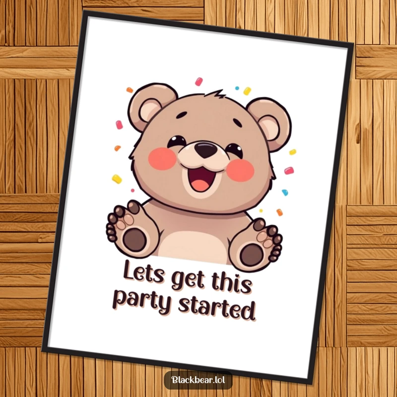 Funny Free Printable Wall Art: Bear cub with a wide happy expression, exuberantly tossing confetti.