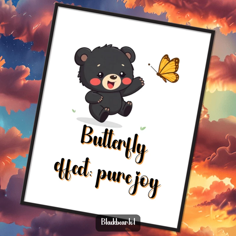 Funny Free Printable Wall Art: A black bear cub happily chases a bouncing butterfly in a vibrant, joyful scene.