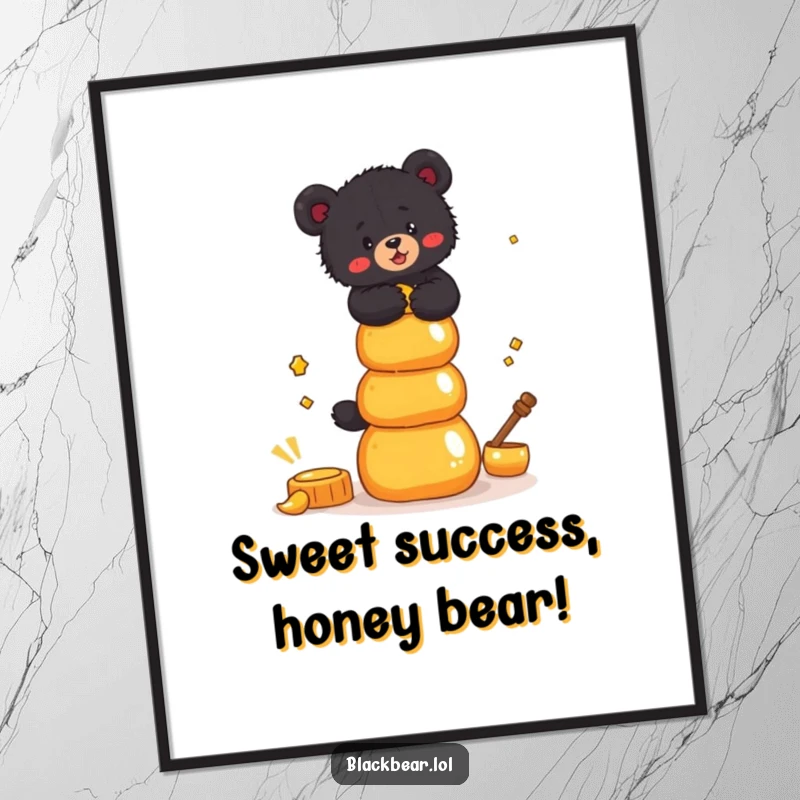 Funny Free Printable Wall Art: A black bear cub comically attempts to balance an unstable tower of dripping honey pots.