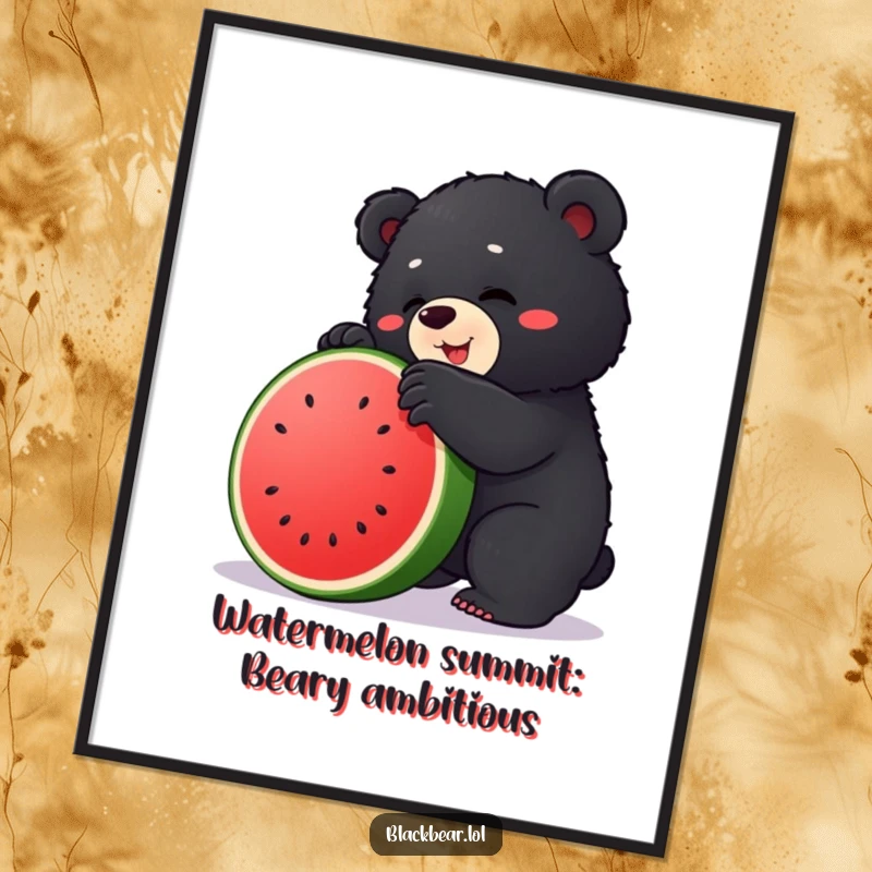Funny Free Printable wall art: a chubby black bear cub comically attempting to climb a bright green watermelon, looking determined.