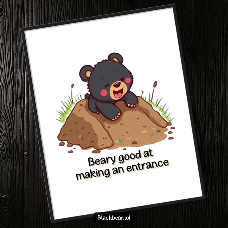 Funny Free Printable Wall Art: Black bear cub gleefully sliding down a muddy hill headfirst, creating a splash.