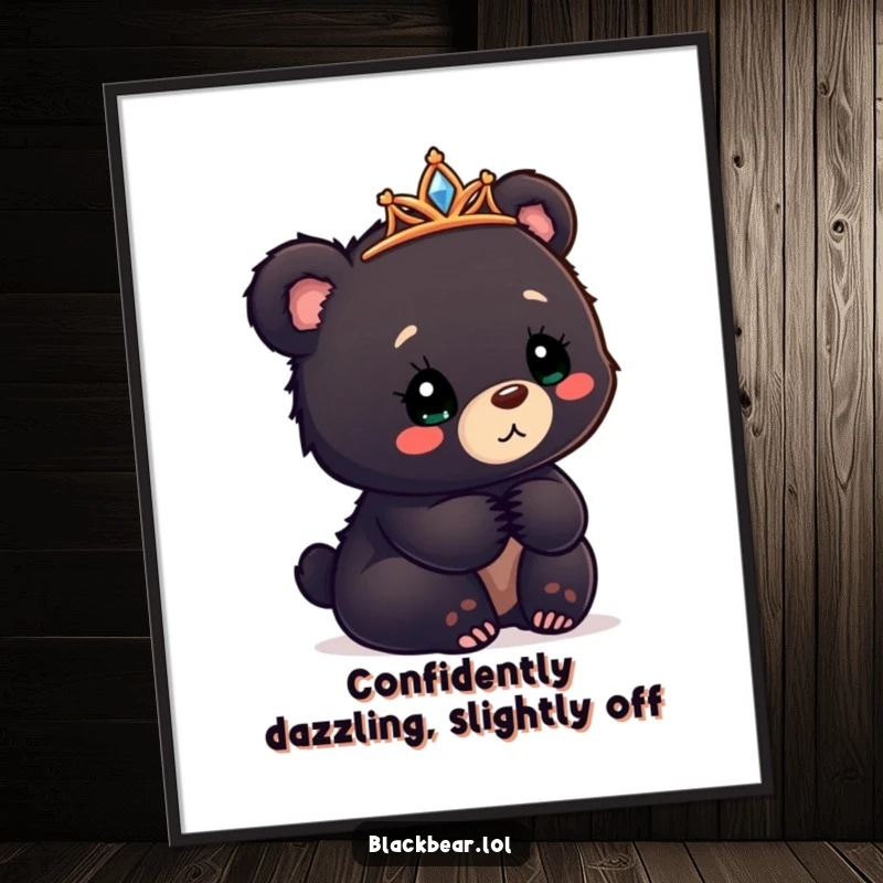 Funny free printable wall art of a bear cub with a tiara slightly askew, looking in a state of confused delight.