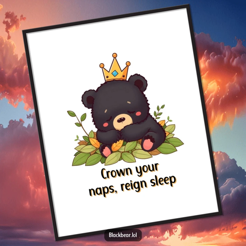 Funny Free Printable Wall Art: Content black bear cub wearing a crown is peacefully napping in a large, inviting pile of autumn leaves.