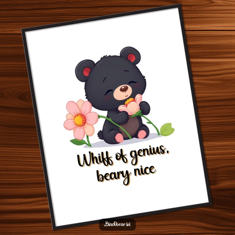 Funny Free Printable Wall Art: A curious black bear cub sniffing a giant flower with absolute delight.