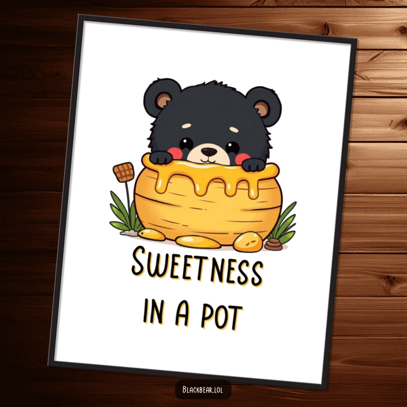 Funny Free Printable Wall Art: A mischievous black bear cub peeking from behind a large, sticky honey pot, a playful scene.