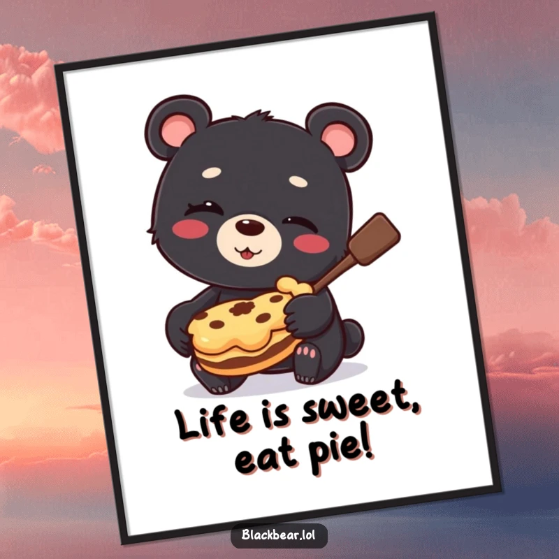 Funny Free Printable Wall Art: A black bear cub winks slyly, holding a delicious pie it has clearly just absconded with.