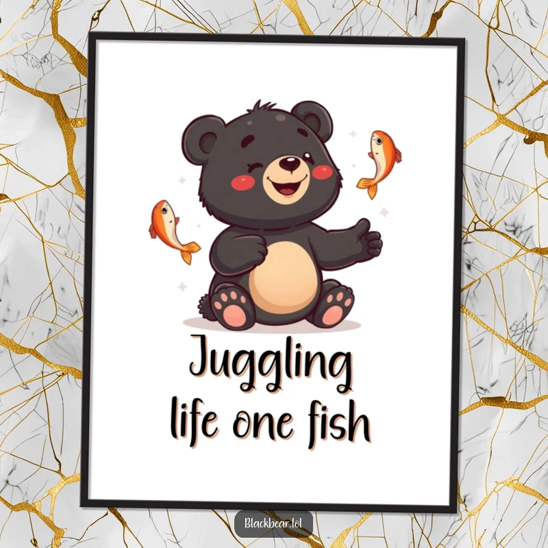 Funny Free Printable Wall Art: A smiling black bear cub looks bewildered while juggling several fish, bringing humor.