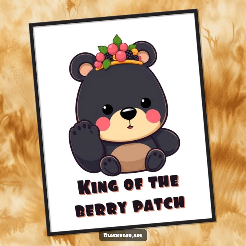 Funny free printable wall art: A charming black bear wearing a crown of berries offers his paw with a friendly, regal demeanor.