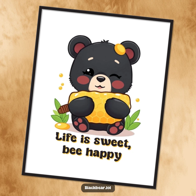 Funny Free Printable Wall Art: cute black bear cub winking playfully, holding a giant honeycomb.