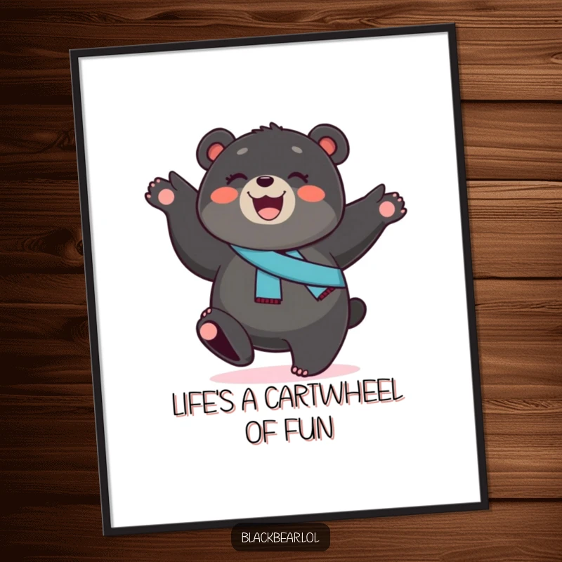 Funny Free Printable Wall Art: Smiling black bear cub with sash performing a cartwheel, energetic decor.