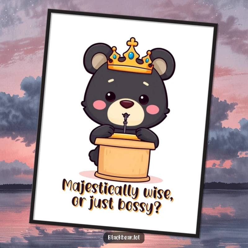Funny Free Printable Wall Art: Black bear cub with a majestic crown gives an important speech from a small, ornate podium.