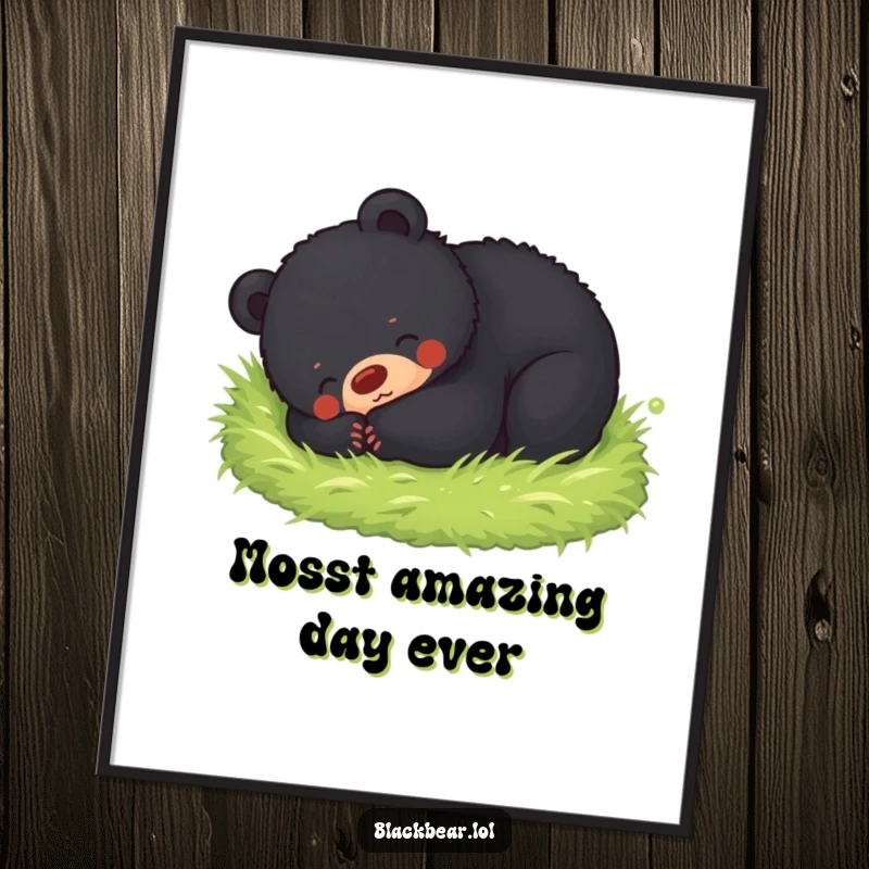 Cozy free printable wall art depicting a black bear cub happily rolling and playing in a dense bed of soft moss.