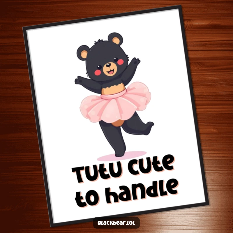 Funny Free Printable Wall Art: A black bear cub dressed in a tutu, captured mid-twirl with pure delight.