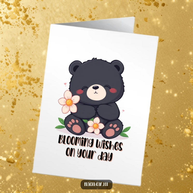 Funny Free Printable Birthday Card: Contented black bear sitting peacefully, holding a single oversized flower for birthday wishes.
