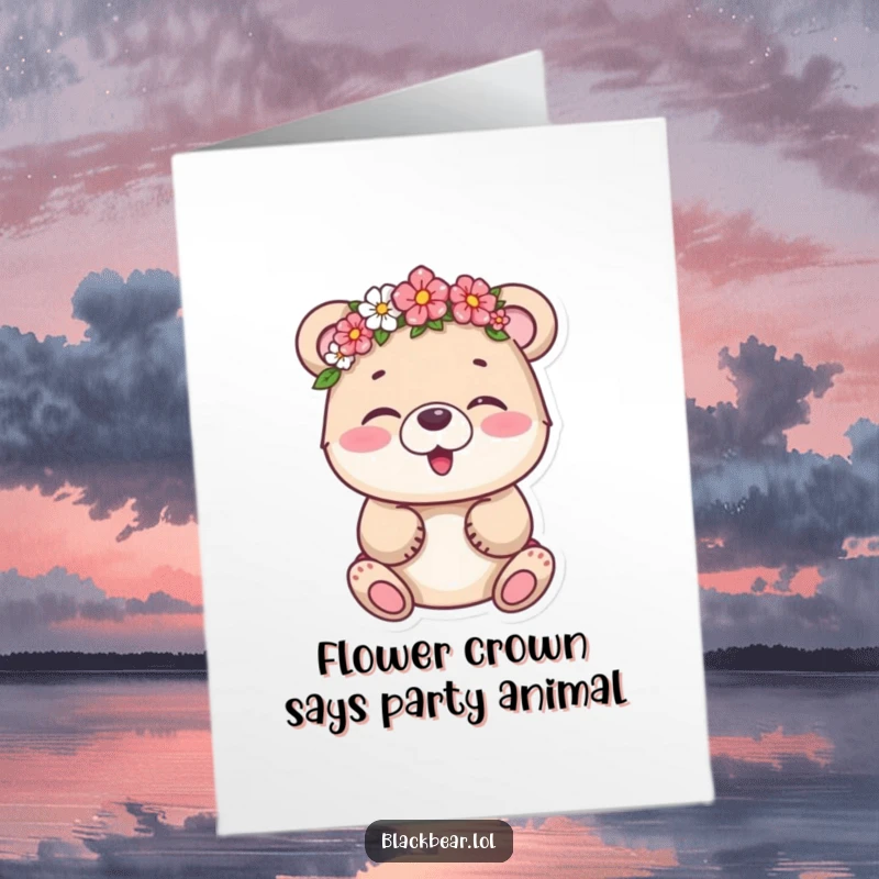 Funny Free Printable Birthday Card: Bear cub giggling uncontrollably, flower crown tilted, spreading birthday cheer.