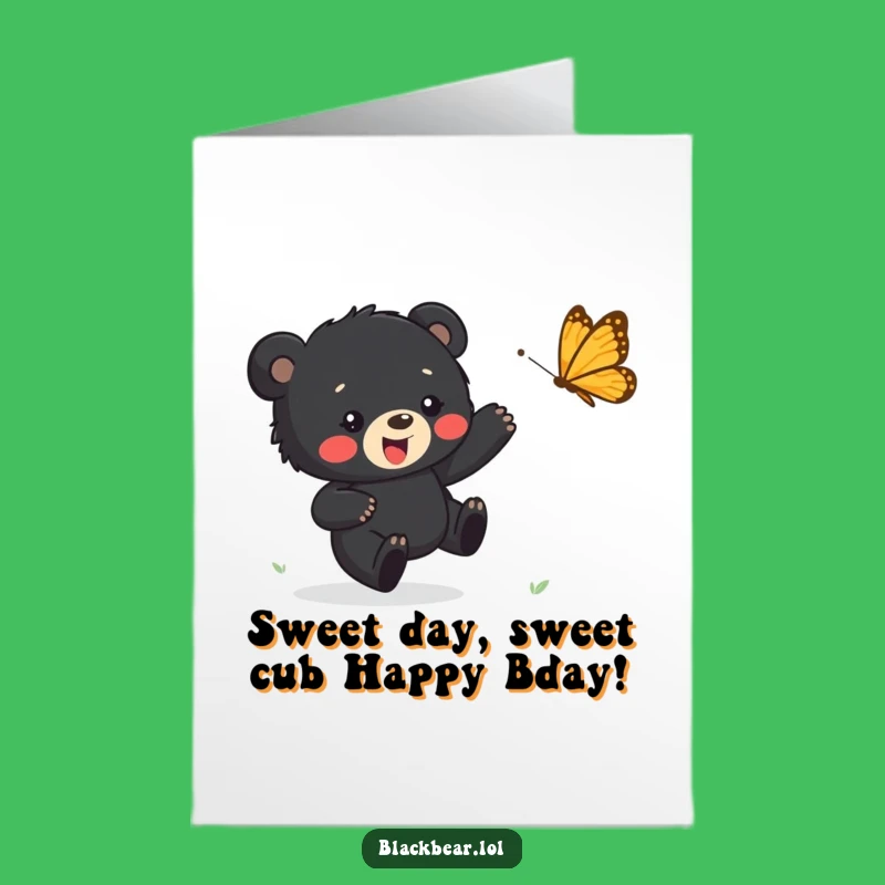 Free Printable Birthday Card: Happy Bear Cub Chasing Butterfly, Funny Downloadable Gift