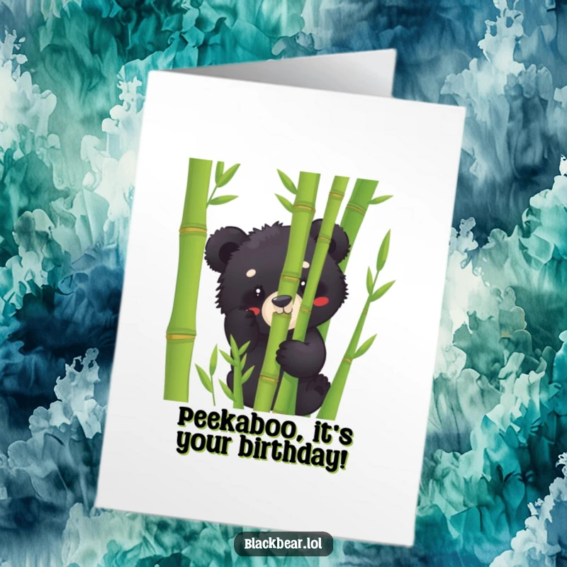 Funny Free Printable Birthday Card: Playful black bear cub peeking from bamboo, ready to deliver birthday cheer.