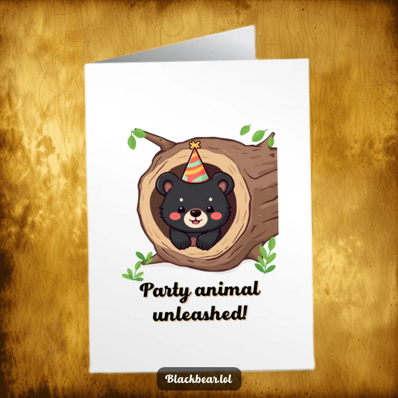 Cute Free Printable Birthday Card: Happy black bear cub peeking from a hollow log wearing a party hat, joyful surprise.