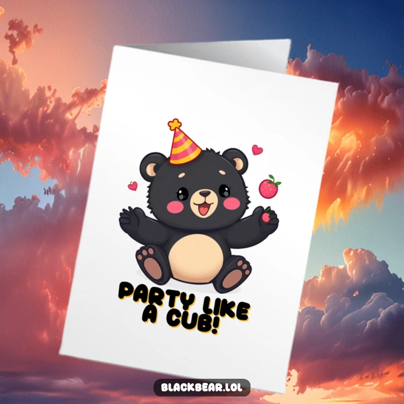 Funny Free Printable Birthday Card: playful bear cub in party hat juggles berries happily.