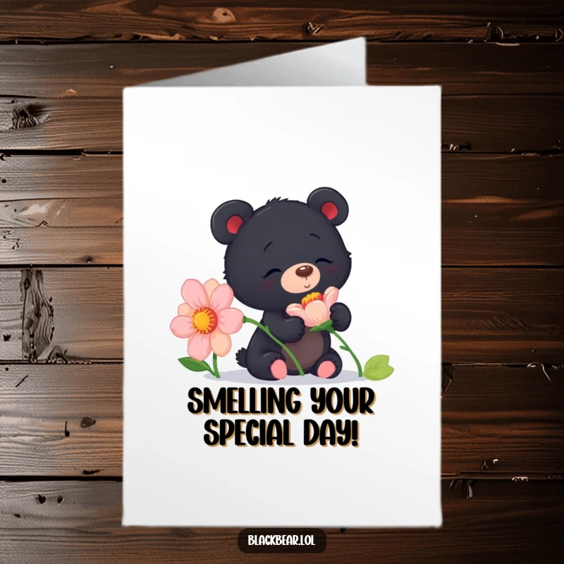 Whimsical Free Printable Birthday Card: A curious black bear cub delightedly sniffing a giant, colorful flower.