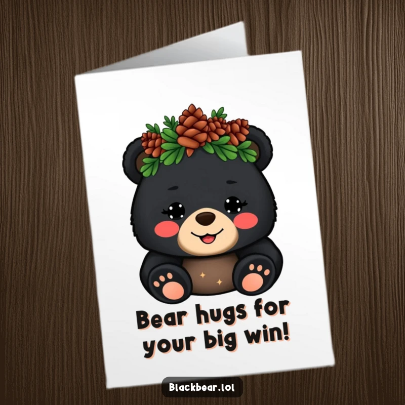 Cute Free Printable Congratulations Card: Cheerful black bear cub with a pinecone crown gives a regal wave.