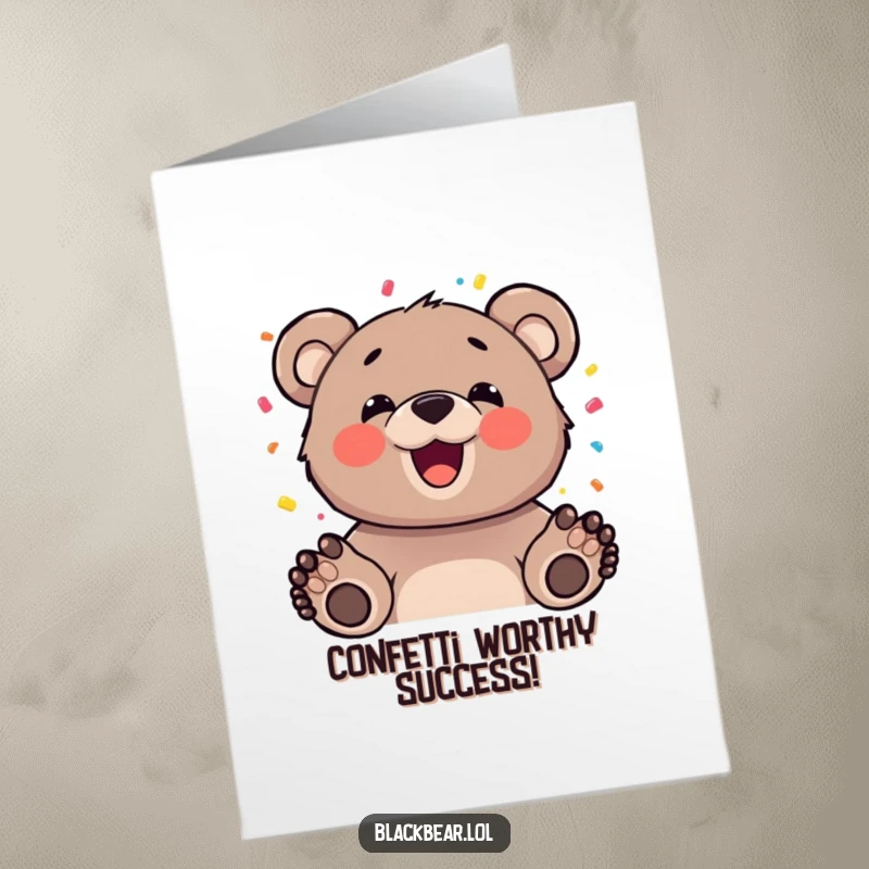 Funny Free Printable Congratulations Card: Happy bear cub tossing confetti, celebrating a big win.