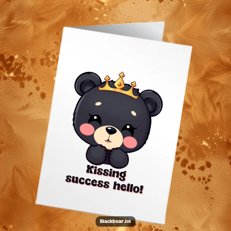 Funny Free Printable Congratulations Card: Sparkly crowned black bear cub blowing a kiss downwards, celebrating wins.