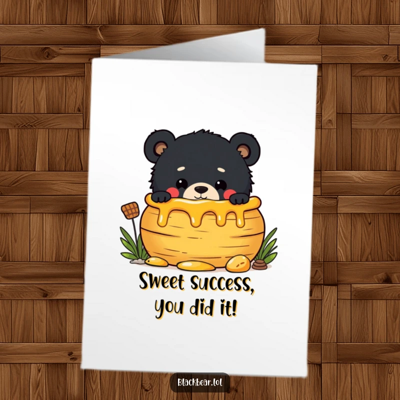 Funny Free Printable Congratulations Card: A cute black bear cub peeking mischievously from behind a giant pot of golden honey.