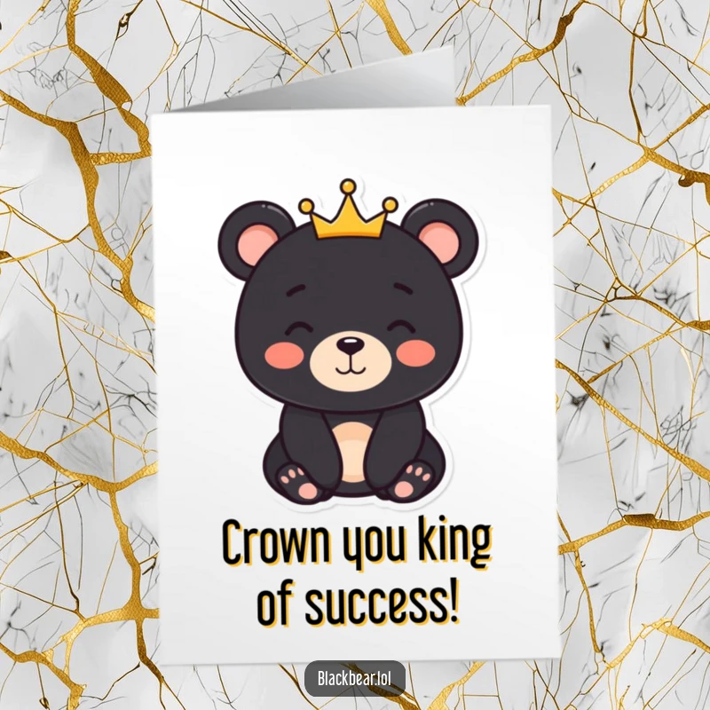Funny Free Printable Congratulations Card: Smiling black bear with a small crown, celebrating your achievement.