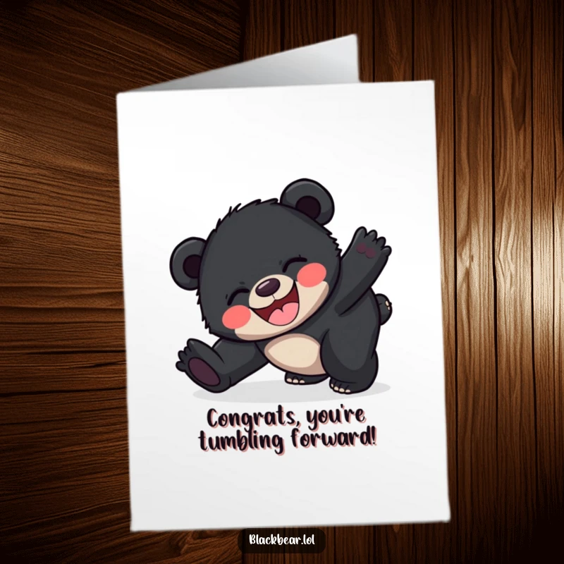 Free Printable Congratulations Card: A happy black bear cub hilariously tripping over its feet with pure joy.