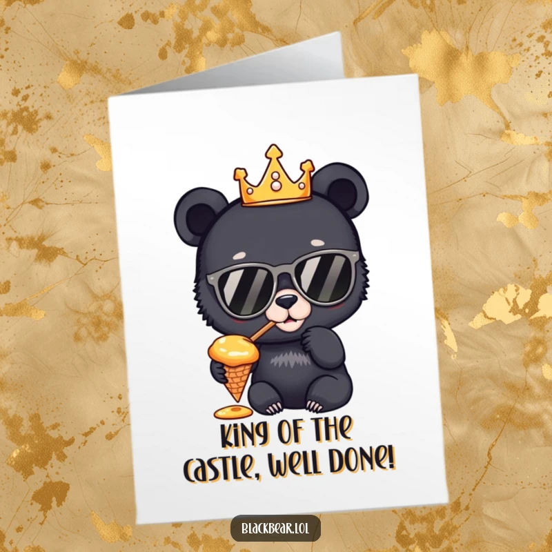Funny Free Printable Congrats Card: A crowned, sunglass-clad bear cub enjoys honey, signifying a sweet victory.