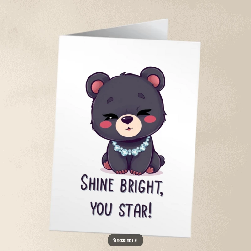 Funny Free Printable Congratulations Card with a black bear cub winking and adorned with a shiny, glittery necklace.