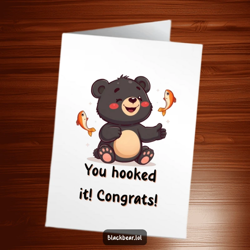 Funny Free Printable Congrats Card: Black bear cub bewildered while juggling fish to congratulate a great achievement.