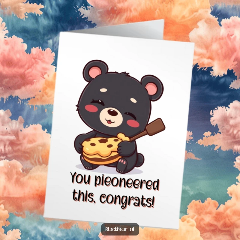 Funny Free Printable Congratulations Card: A sneaky black bear cub winks, clutching a stolen pie, celebrating a triumphant, albeit naughty, win.